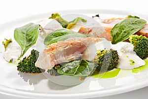 Turkey Fillet with Baked Cabbage Broccoli and Cheese Espuma photo