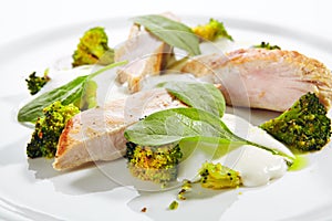 Turkey Fillet with Baked Cabbage Broccoli and Cheese Espuma photo