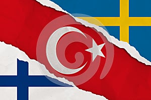 Turkey, Finland and Sweden flag ripped paper grunge background. Abstract NATO membership, politics conflicts, war concept texture photo