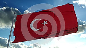 Turkey Flag blowing in the wind with a blue sky background. 3d rendering