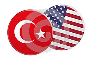 Turkey Flag Button On USA Flag Button, 3d illustration on white background