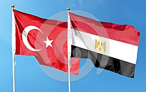 Turkey flag and Egypt flag on cloudy sky photo