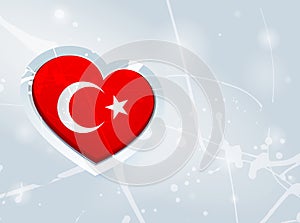 Turkey Flag in the form of a 3D heart and abstract paint spots background