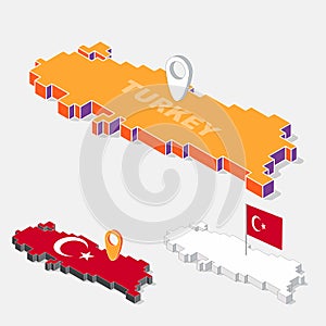Turkey flag on map element with 3D isometric shape isolated on background