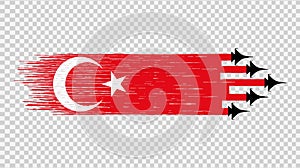 Turkey flag with military fighter jets isolated  on png or transparent ,Symbols of Turkey,template for banner,card,advertising,