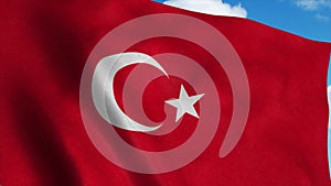 Turkey flag waving in the wind, blue sky background. 3d rendering