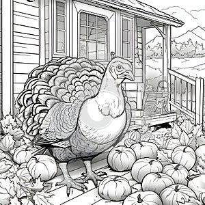 Turkey in front of the entrance to the wooden house around the pumpkins and leaves. Black and White coloring book. Turkey as the