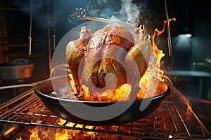 Turkey fryer setup with a whole turkey immersed photo