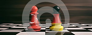 Turkey and Germany flags on chess pawns on a chessboard. 3d illustration