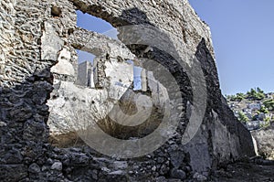 Turkey, the ghost town of Kayak, a close-up view of a ruined house,