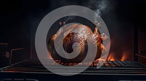 A turkey on a grill with smoke coming out of it