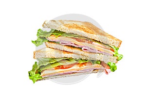 Turkey Ham Club sandwiches with cheese, tomatoes and lettuce on a wooden cutting board. Isolated on white background.