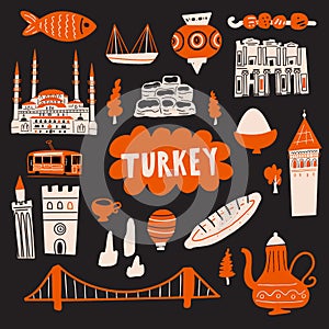 Turkey hand drawn vector illustration with tourist attractions, symbols and landmarks.