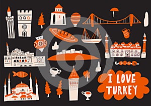 Turkey hand drawn vector illustration with tourist attractions, symbols and landmarks. I love Turkey. Horizontal greeting card