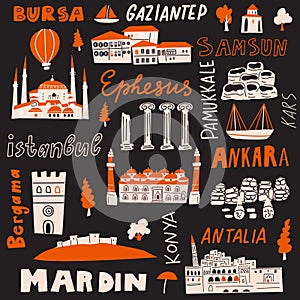 Turkey hand drawn vector illustration with tourist attractions, symbols and names of cities.