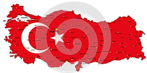 Turkey highly detailed political map with national flag.