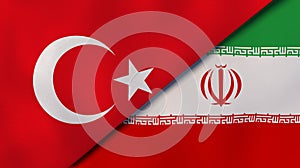 Turkey Iran national flags. News, reportage, business background. 3D illustration