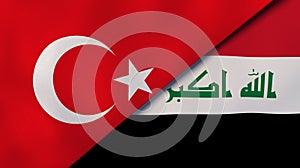 Turkey Iraq national flags. News, reportage, business background. 3D illustration