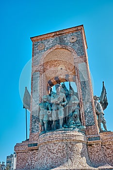 Turkey istanbul 04.03.2021. Most well known square during morning with details of taksim republic monument