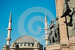 Turkey istanbul 04.03.2021. Most well known taksim square during morning with details of taksim, republic monument cumhuriyet ani