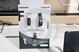 Turkey, Istanbul, December 20, 2019: Sale of new modern Samsung Galaxy Fit electronic watches