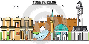 Turkey, Izmir outline skyline, turkish flat thin line icons, landmarks, illustrations. Turkey, Izmir cityscape, turkish