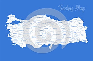 Turkey map, administrative divisions whit names regions, blue background