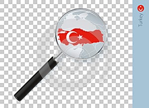 Turkey map with flag in magnifying glass on transparent background