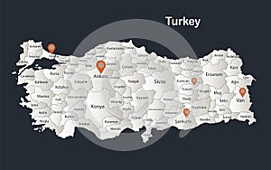Turkey map, Infographics flat design colors snow white, with names of individual regions