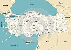 Turkey provinces and districts vector map with neighbouring countries and territories