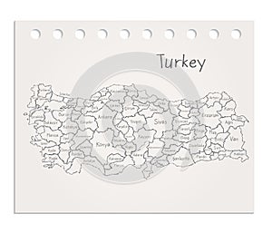 Turkey map on realistic clean sheet of paper torn from block