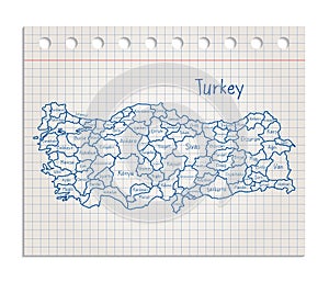 Turkey map on a realistic squared sheet of paper torn from a block