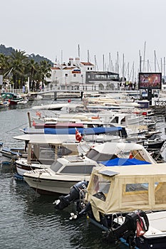 Port with yachts boats and boats in the touristic eco-friendly city of Marmaris in Turkey.