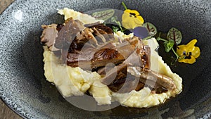 Turkey with mashed potatoes and fresh greens