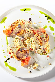 Turkey Meat Cutlets with Couscous Garnish on White Plate Isolated