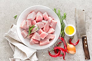 Turkey meat sliced and ingredients for cooking on light grey stone background