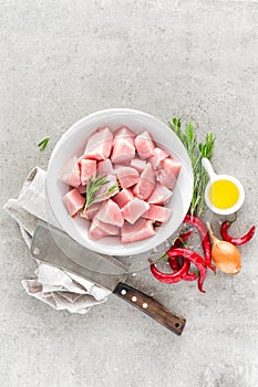 Turkey meat sliced and ingredients for cooking on light grey stone background