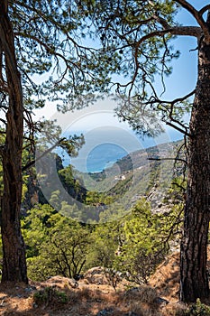 Turkey mountain landscape photo, mediterranean Turkish coast area near Fethiye, taken on Lycian way hiking route with sea