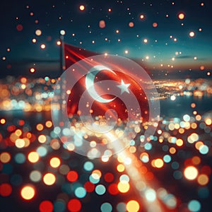 Turkey National Flag with city lights and bokeh