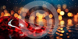 Turkey National Flag Light Night Bokeh Abstract Background. Celebration of 100th anniversary of the founding of Turkey