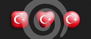 Turkey Official National Flag 3D Vector Glossy Icons Isolated On Black Background