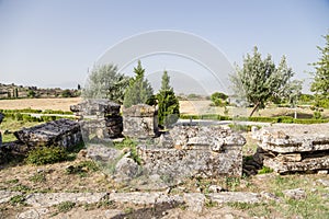 Turkey, Pamukkale. Sarcophagi in the archaeological area of the necropolis of Hierapolis