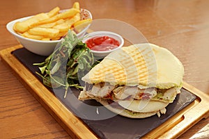 Turkey Panini Sandwich Served with Salad and French Fries