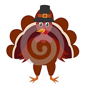 Turkey in pilgrim hat. Happy Thanksgiving Day. Vector Flat Illustration.