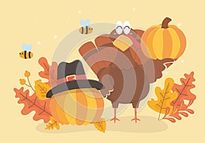 Turkey and pumpkins with pilgrim hat bee and leaves happy thanksgiving celebration