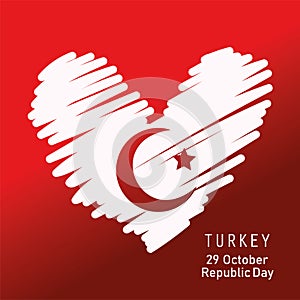 Turkey republic day, flag heart in brush strokes red background
