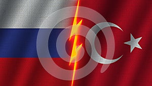 Turkey and Russia Flags Together, Fabric Texture, Thunder Icon, 3D Illustration