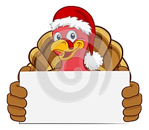 Turkey In Santa Hat Christmas Cartoon Holding Sign