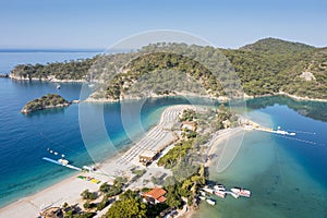 Turkey, scenic beach with white sand surrounded blue sea