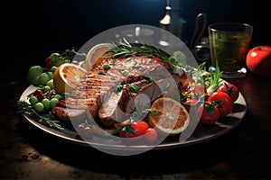 Turkey steak roasted sliced in a plate with oranges, dinner genearted by AI